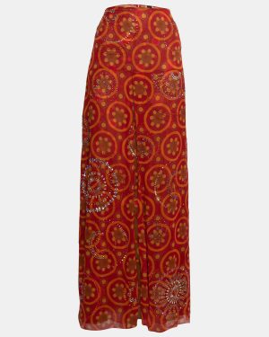 Gianfranco Ferre Vintage Red Printed Silk Embellished Maxi Skirt L