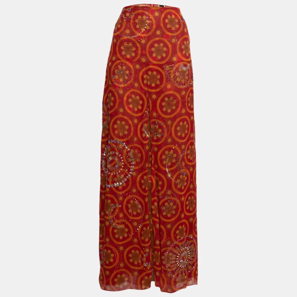 Gianfranco Ferre Vintage Red Printed Silk Embellished Maxi Skirt L