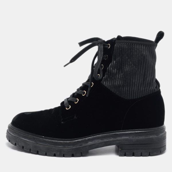 Gianvito Rossi Black Fabric and Velvet Combat Boots Size 40