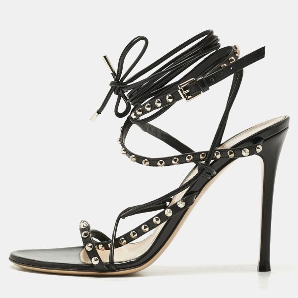 Gianvito Rossi Black Leather Studded Gladiator Sandals Size 37.5