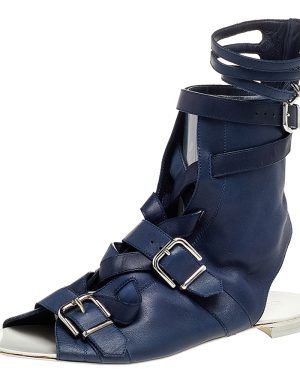 Gianvito Rossi Blue Leather Buckle Gladiator Ankle Length Flat Sandals Size 38