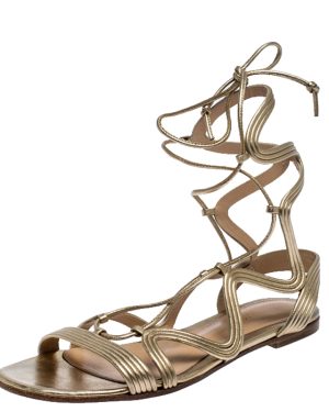 Gianvito Rossi Metallic Gold Leather Gladiator Ankle Length Flat Sandals Size 35.5