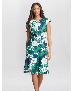 Gina Bacconi Gracey Floral Cap-Sleeve Dress - Green