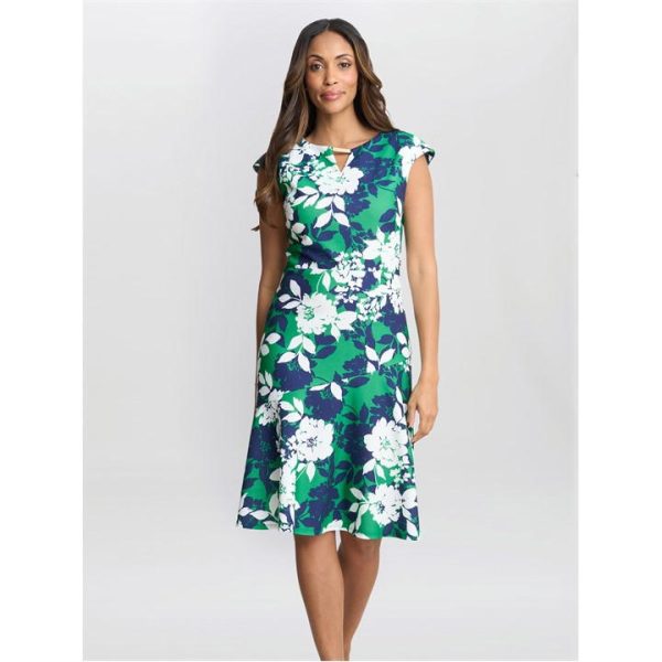 Gina Bacconi Gracey Floral Cap-Sleeve Dress - Green
