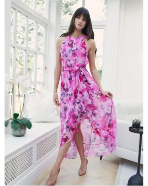Gina Bacconi Hermione Printed Keyhole Halter Dress - Pink