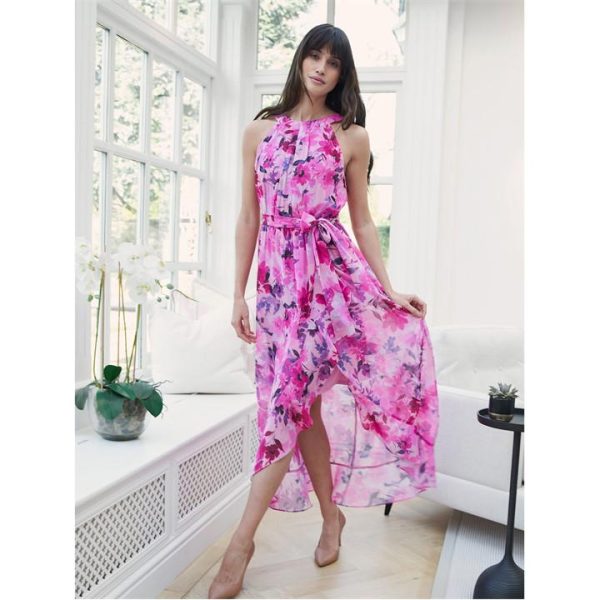 Gina Bacconi Hermione Printed Keyhole Halter Dress - Pink