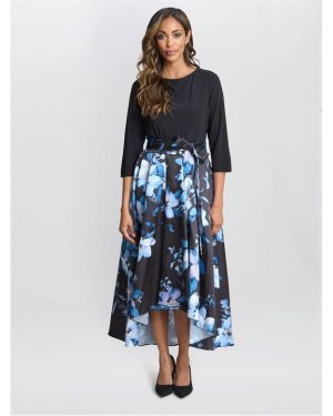 Gina Bacconi Louise Printed High/Low Midi Dress - Black