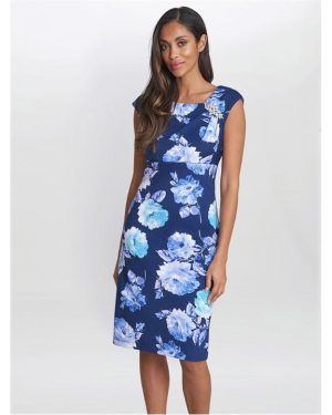Gina Bacconi Magda Printed Shift Dress With Trim - Blue