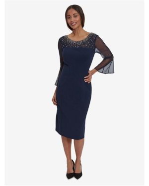 Gina Bacconi Maurine Beaded Neckline Sheath Dress - Blue