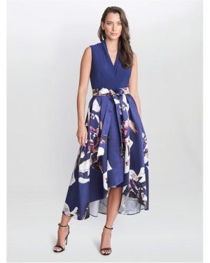 Gina Bacconi Megan Sleeveless Floral High Low Dress - Blue