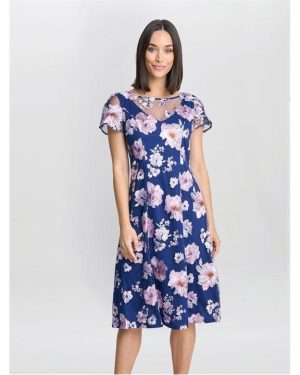 Gina Bacconi Mylene Embroidered Floral A-Line Dress - Blue