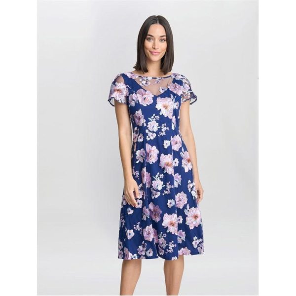 Gina Bacconi Mylene Embroidered Floral A-Line Dress - Blue
