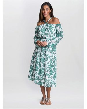 Gina Bacconi Ryan Off Shoulder Midi Dress - Green