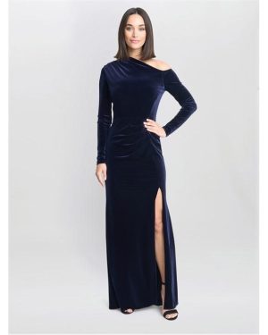 Gina Bacconi Tess Velvet Off Shoulder Dress - Blue