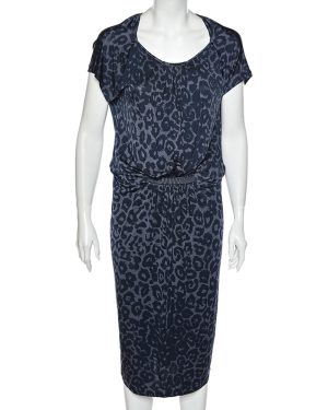 Giorgio Armani Blue Animal Printed Silk Jersey Cut-Out Back Detailed Dress L