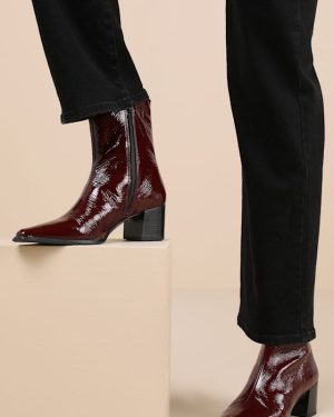 Giselle Cherry Patent Leather Pointed-Toe Ankle Boots