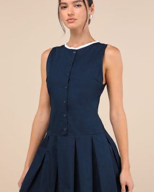 Gitas Navy Blue Cotton Lace Button-Up Drop Waist Mini Dress