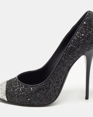 Giuseppe Zanotti Black/Silver Coarse Glitter Cap Toe Pumps Size 39