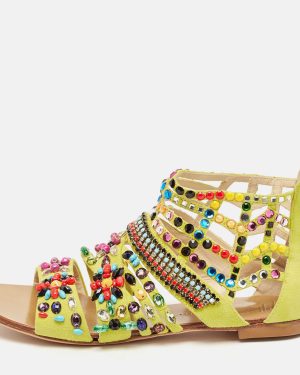 Giuseppe Zanotti Yellow Suede Crystal Embellished Gladiator Flat Sandals Size 36