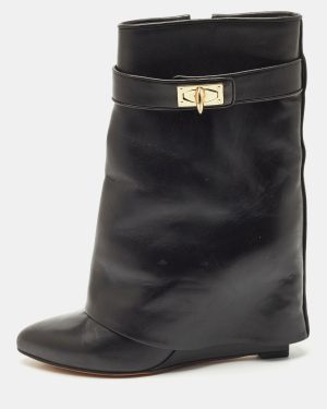 Givenchy Black Leather Shark Lock Wedge Ankle Length Boots Size 38