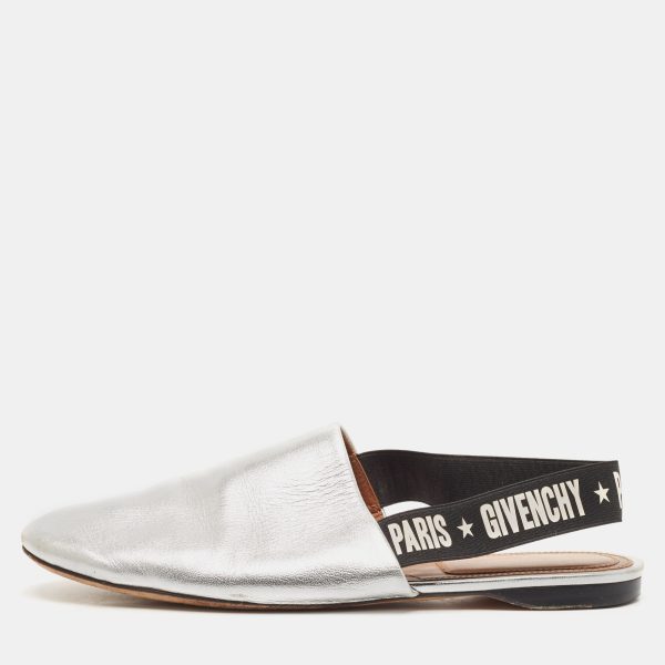 Givenchy Sliver Leather Rivington Logo Slingback Flat Mules Size 38