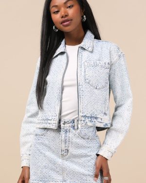 Glacia Light Wash Rhinestone Zip-Front Denim Jacket