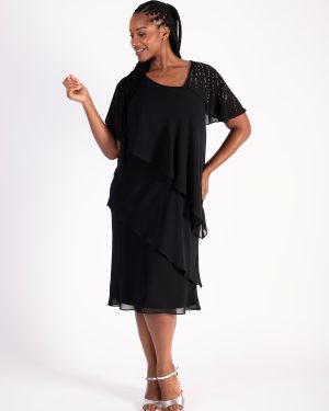 Glamorous Black Tiered Chiffon Dress with Asymmetric Neckline and Diamanté Shoulder Detail