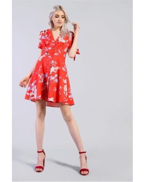 Glamorous Floral Print Skater Mini Dress - Red