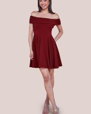Goddiva Bardot Scuba Crepe Skater Mini Dress - Red