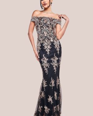 Goddiva Bardot Sequin Embroidered Maxi Dress - Champagne