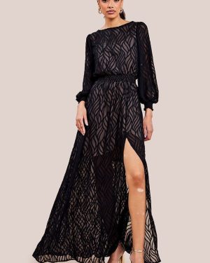 Goddiva Chiffon Geo-Wave Front Split Maxi Dress - Black