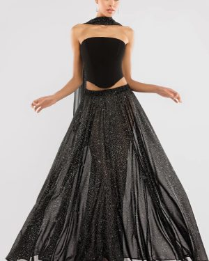 Goddiva Compact Crepe Lace Up Corset With Gathered A-Line Glitter Chiffon Maxi Skirt & Scarf - Black