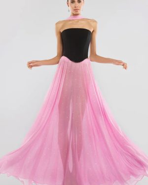 Goddiva Compact Crepe Lace Up Corset With Gathered A-Line Glitter Chiffon Maxi Skirt & Scarf - Black, Pink & Pink
