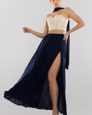 Goddiva Cropped Sleeveless Sequin Corset Side Split Jersey Maxi Skirt With Jersey Scarf - Cream & Navy