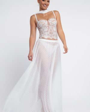 Goddiva Embroidered Lace Corset Polka Dobby Chiffon A-Line Maxi Skirt With Scarf & Gloves - Cream