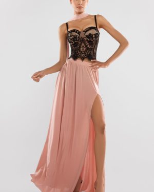 Goddiva Embroidered Lace Corset Side Split Jersey Maxi Skirt With Jersey Scarf - Blush Pink