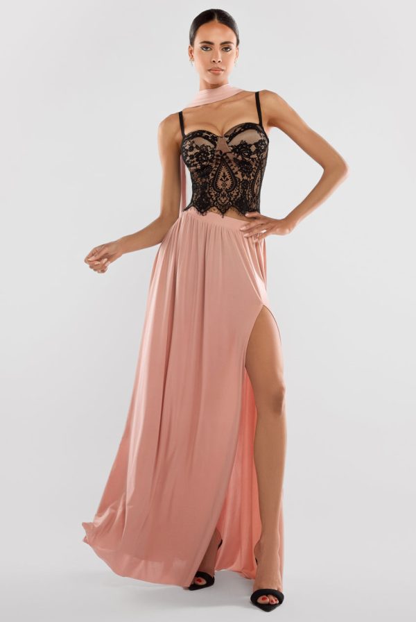 Goddiva Embroidered Lace Corset Side Split Jersey Maxi Skirt With Jersey Scarf - Blush Pink