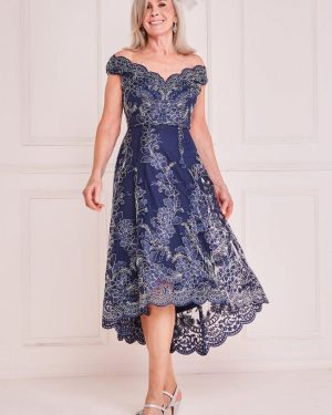 Goddiva Embroidered Lace High Low Midi Dress - Navy