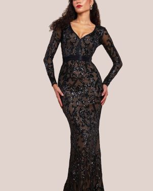 Goddiva Embroidered Sequin & Mesh Maxi Dress - Black