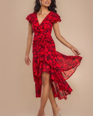 Goddiva Floral Wrap High And Low Midaxi Dress - Red
