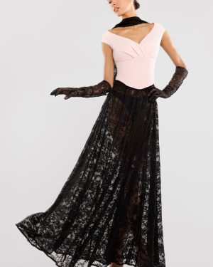 Goddiva Front Pleated Wrap Off The Shoulder Corset With Lace A-Line Skirt With Scarf & Gloves - Pink & Black
