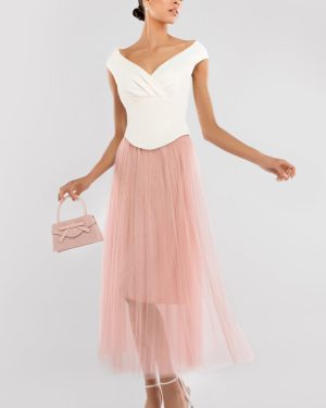 Goddiva Front Pleated Wrap Off The Shoulder Corset With Tulle Gathered Midaxi Skirt Cream & Blush