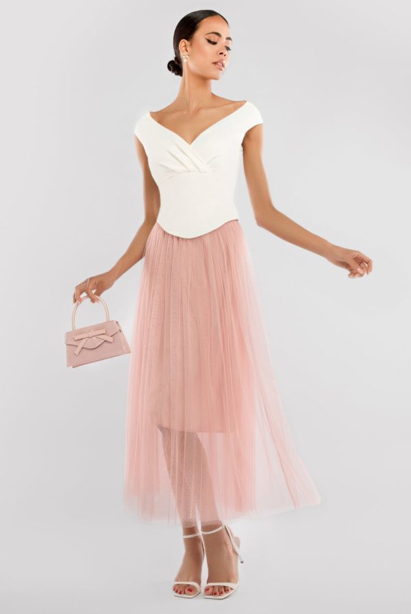 Goddiva Front Pleated Wrap Off The Shoulder Corset With Tulle Gathered Midaxi Skirt Cream & Blush