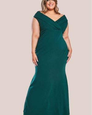 Goddiva Front Wrap Off The Shoulder Maxi Dress - Emerald