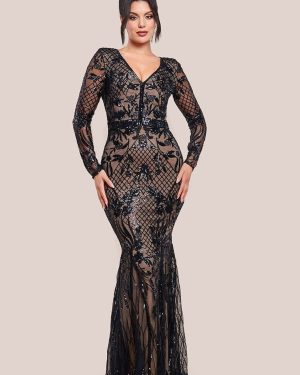 Goddiva Full Sleeve Sequin Evening Dress - Black