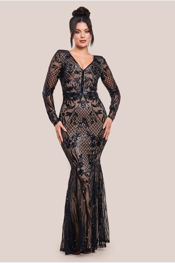 Goddiva Full Sleeve Sequin Evening Dress - Black