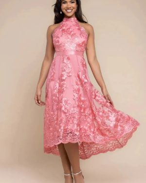 Goddiva Halter Neck Lace High And Low Dress - Coral