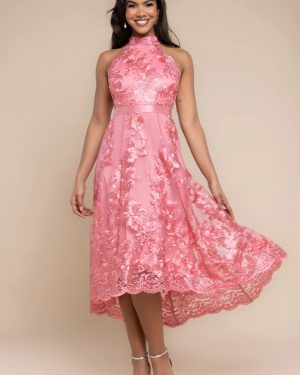 Goddiva Halter Neck Lace High And Low Dress - Coral