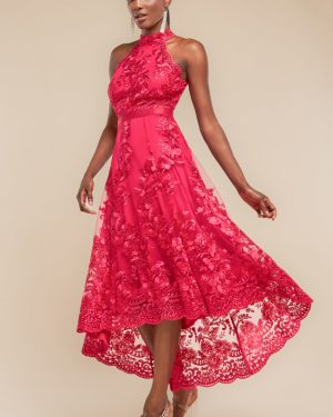 Goddiva Halter Neck Lace High And Low Dress - Magenta