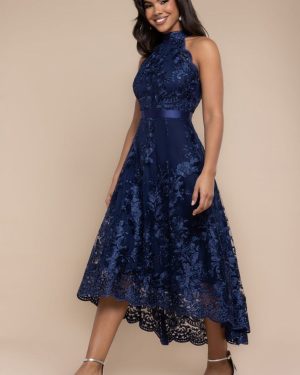 Goddiva Halter Neck Lace High And Low Dress - Navy Blue